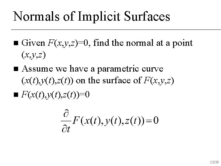 Normals of Implicit Surfaces Given F(x, y, z)=0, find the normal at a point