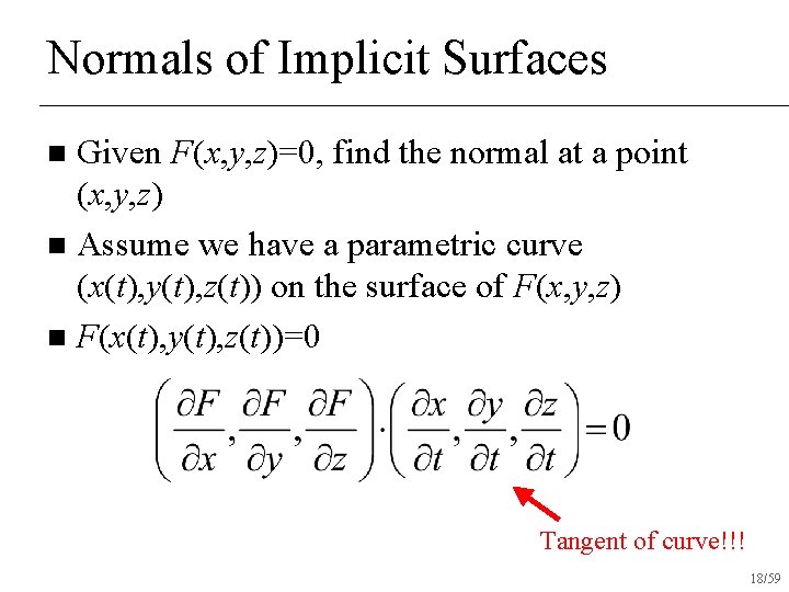 Normals of Implicit Surfaces Given F(x, y, z)=0, find the normal at a point