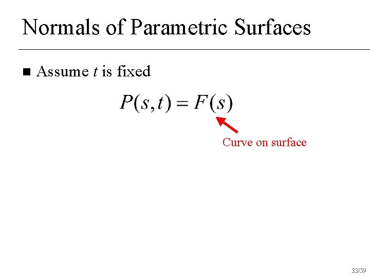 Normals of Parametric Surfaces n Assume t is fixed Curve on surface 33/59 