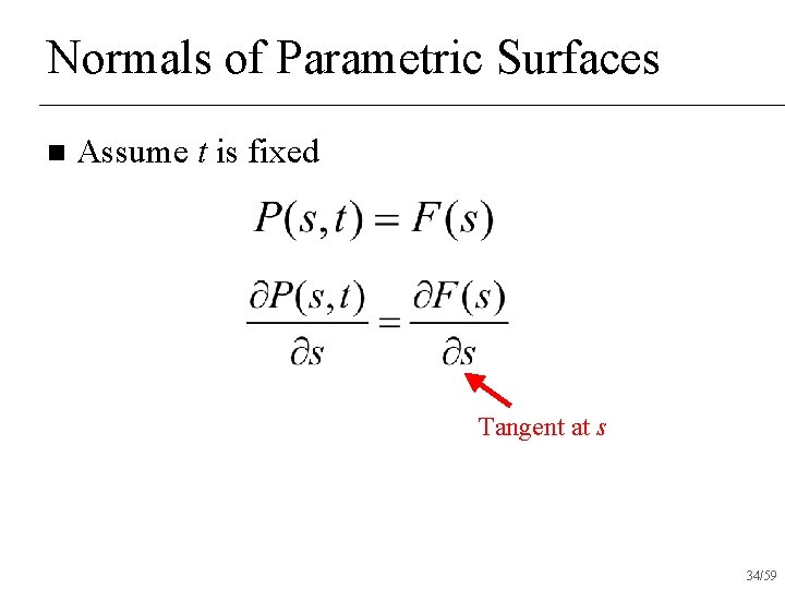 Normals of Parametric Surfaces n Assume t is fixed Tangent at s 34/59 