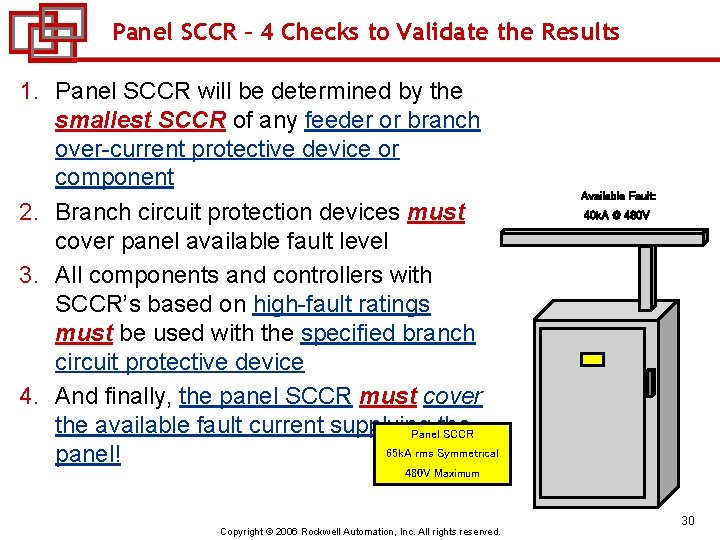 Panel SCCR – 4 Checks to Validate the Results 1. Panel SCCR will be