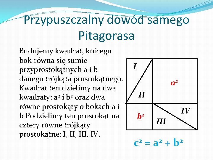 Przypuszczalny dowód samego Pitagorasa Budujemy kwadrat, którego bok równa się sumie przyprostokątnych a i