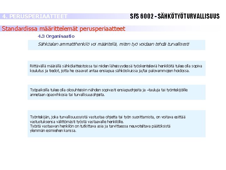 4. PERUSPERIAATTEET SFS 6002 - SÄHKÖTYÖTURVALLISUUS Standardissa määrittelemät perusperiaatteet 4. 3 Organisaatio Sähköalan ammattihenkilö 4. PERUSPERIAATTEET SFS 6002 - SÄHKÖTYÖTURVALLISUUS Standardissa määrittelemät perusperiaatteet 4. 3 Organisaatio Sähköalan ammattihenkilö