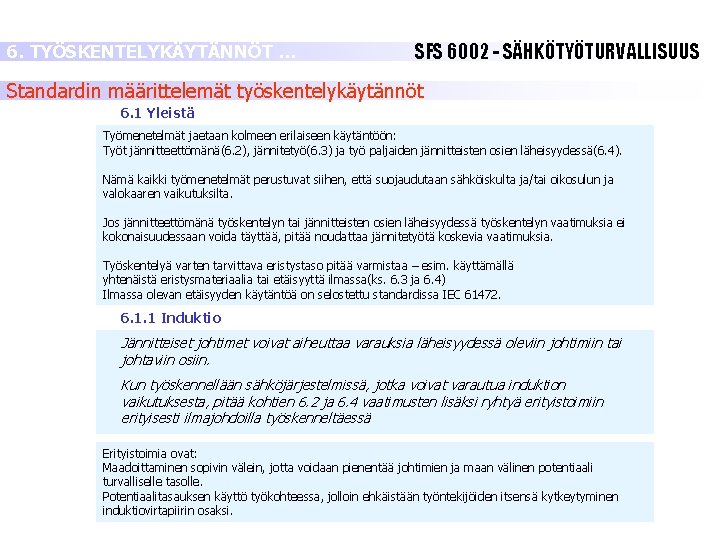 6. TYÖSKENTELYKÄYTÄNNÖT … SFS 6002 - SÄHKÖTYÖTURVALLISUUS Standardin määrittelemät työskentelykäytännöt 6. 1 Yleistä Työmenetelmät 6. TYÖSKENTELYKÄYTÄNNÖT … SFS 6002 - SÄHKÖTYÖTURVALLISUUS Standardin määrittelemät työskentelykäytännöt 6. 1 Yleistä Työmenetelmät