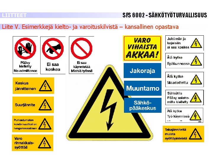LIITTEET SFS 6002 - SÄHKÖTYÖTURVALLISUUS Liite V. Esimerkkejä kielto- ja varoituskilvistä – kansallinen opastava LIITTEET SFS 6002 - SÄHKÖTYÖTURVALLISUUS Liite V. Esimerkkejä kielto- ja varoituskilvistä – kansallinen opastava