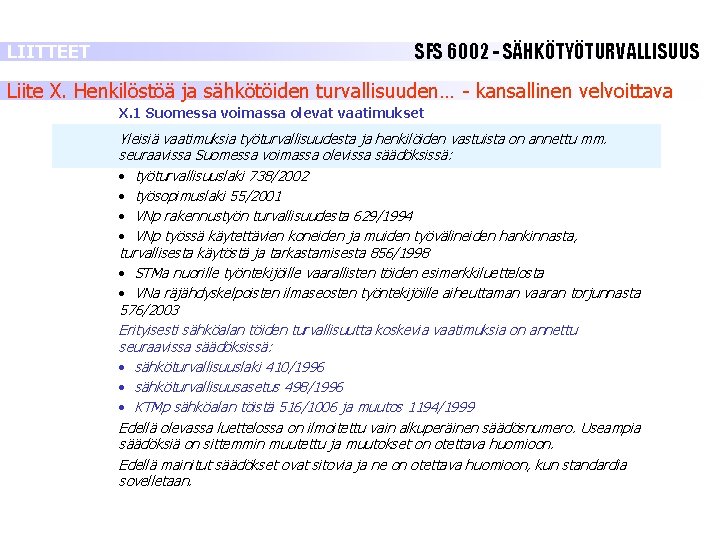 LIITTEET SFS 6002 - SÄHKÖTYÖTURVALLISUUS Liite X. Henkilöstöä ja sähkötöiden turvallisuuden… - kansallinen velvoittava LIITTEET SFS 6002 - SÄHKÖTYÖTURVALLISUUS Liite X. Henkilöstöä ja sähkötöiden turvallisuuden… - kansallinen velvoittava