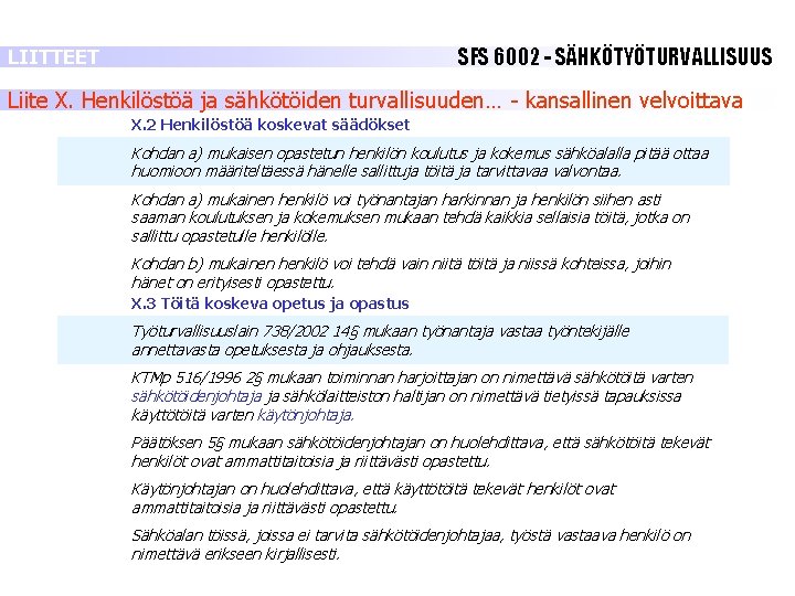 SFS 6002 - SÄHKÖTYÖTURVALLISUUS LIITTEET Liite X. Henkilöstöä ja sähkötöiden turvallisuuden… - kansallinen velvoittava SFS 6002 - SÄHKÖTYÖTURVALLISUUS LIITTEET Liite X. Henkilöstöä ja sähkötöiden turvallisuuden… - kansallinen velvoittava
