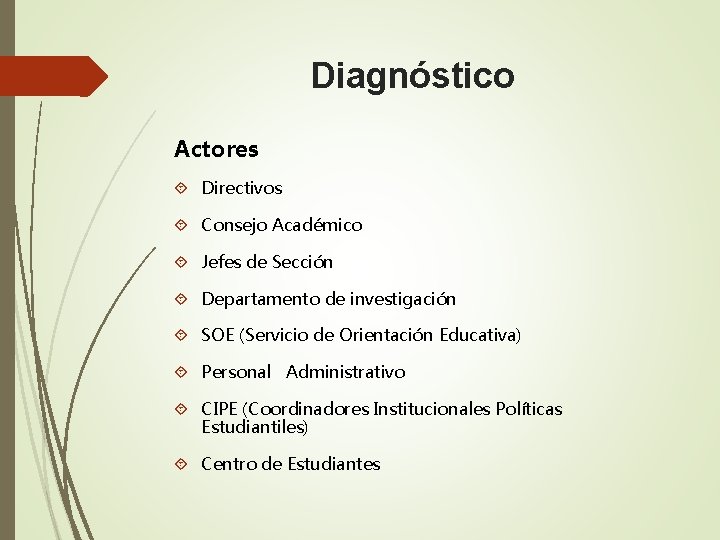 Diagnóstico Actores Directivos Consejo Académico Jefes de Sección Departamento de investigación SOE (Servicio de