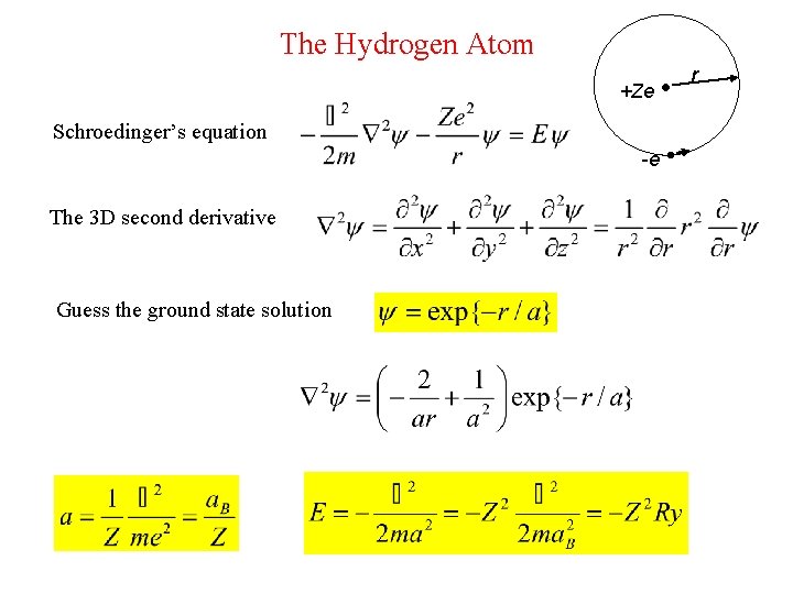 The Hydrogen Atom +Ze -e Schroedinger’s equation The 3 D second derivative Guess the