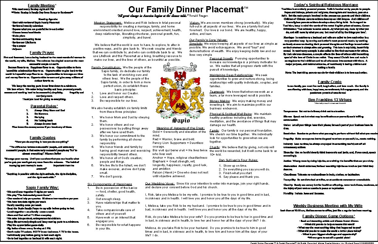 Family Meeting* Our Family Dinner Placemat *We meet every Sunday night at 8 PM