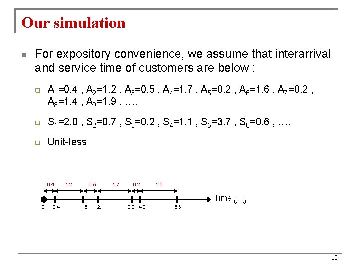 Our simulation n For expository convenience, we assume that interarrival and service time of