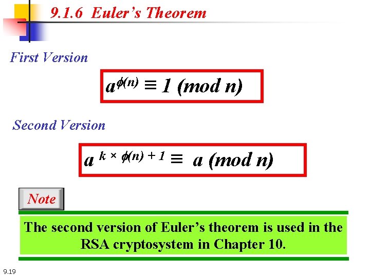 9. 1. 6 Euler’s Theorem First Version af(n) ≡ 1 (mod n) Second Version