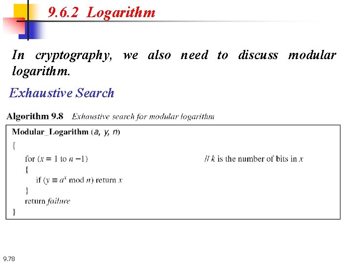 9. 6. 2 Logarithm In cryptography, we also need to discuss modular logarithm. Exhaustive