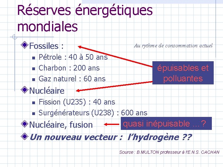 Réserves énergétiques mondiales Fossiles : Au rythme de consommation actuel Pétrole : 40 à