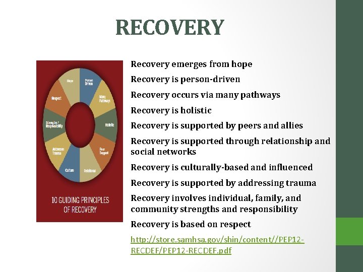 RECOVERY Recovery emerges from hope Recovery is person-driven Recovery occurs via many pathways Recovery