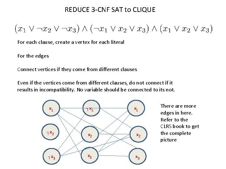 REDUCE 3 -CNF SAT to CLIQUE For each clause, create a vertex for each
