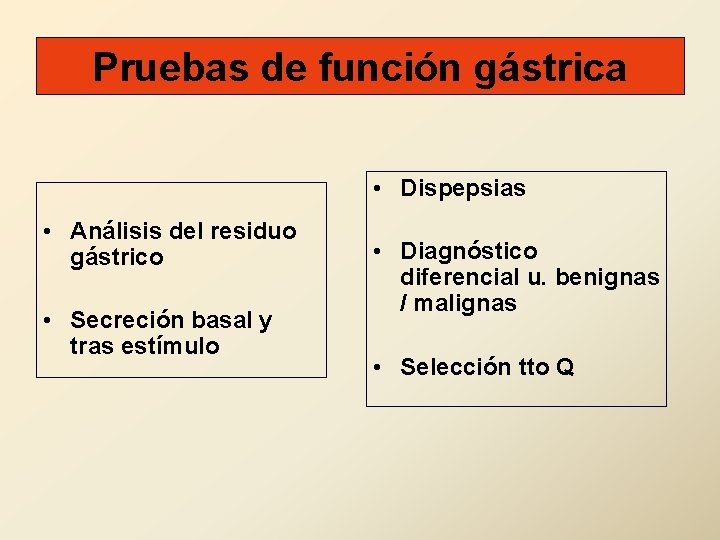Pruebas de función gástrica • Dispepsias • Análisis del residuo gástrico • Secreción basal