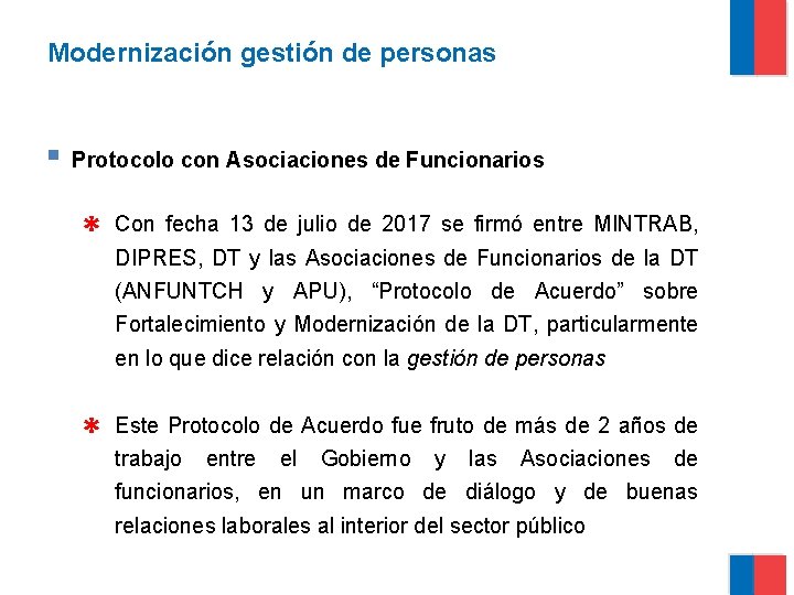 Modernización gestión de personas § Protocolo con Asociaciones de Funcionarios ✱ Con fecha 13