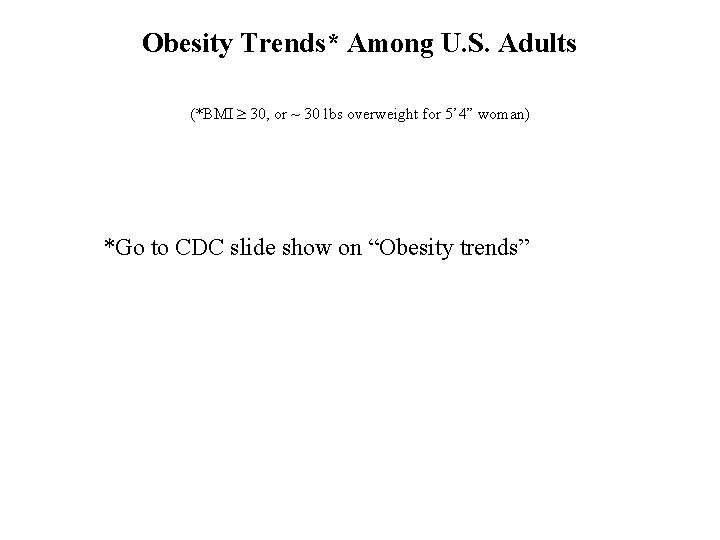 Obesity Trends* Among U. S. Adults (*BMI 30, or ~ 30 lbs overweight for