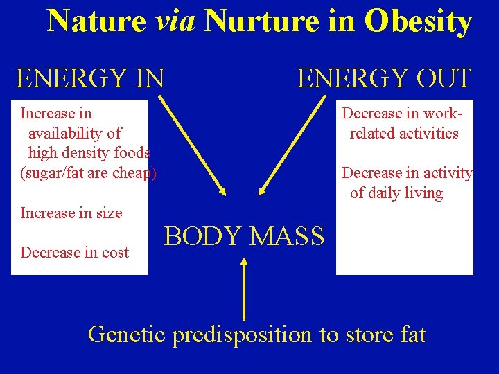 Nature via Nurture in Obesity ENERGY IN ENERGY OUT Increase in availability of high