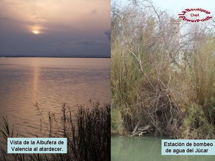 Vista de la Albufera de Valencia al atardecer. Estación de bombeo de agua del