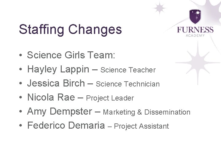 Staffing Changes • • • Science Girls Team: Hayley Lappin – Science Teacher Jessica