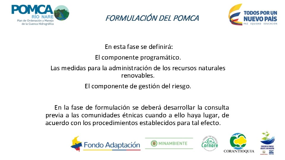 FORMULACIÓN DEL POMCA En esta fase se definirá: El componente programático. Las medidas para