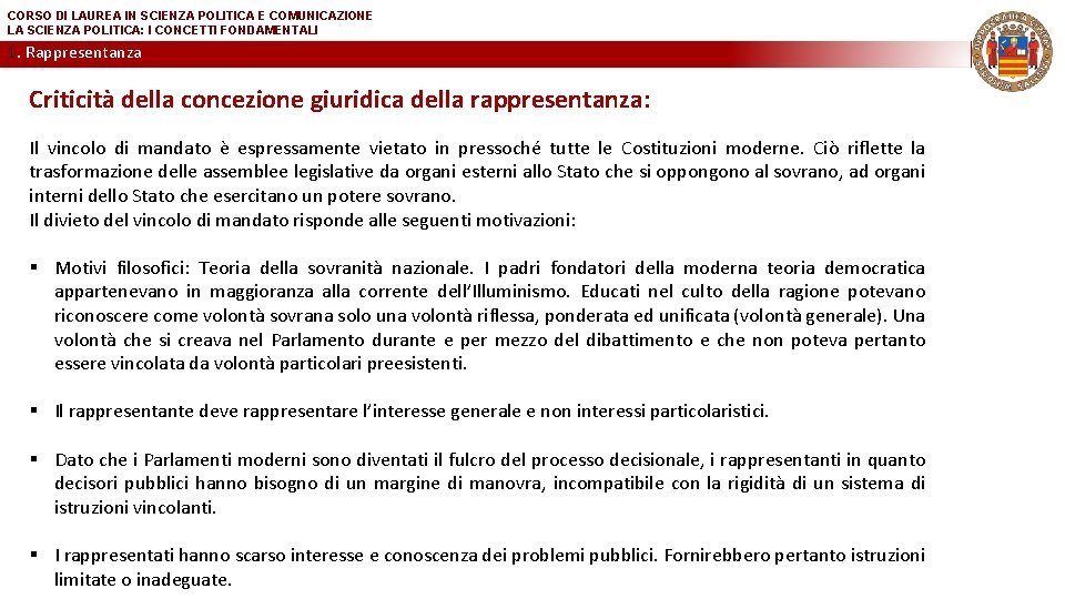 CORSO DI LAUREA IN SCIENZA POLITICA E COMUNICAZIONE LA SCIENZA POLITICA: I CONCETTI FONDAMENTALI