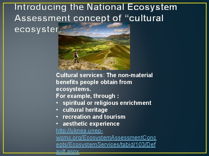 Introducing the National Ecosystem Assessment concept of “cultural ecosystem services”: Cultural services: The non-material