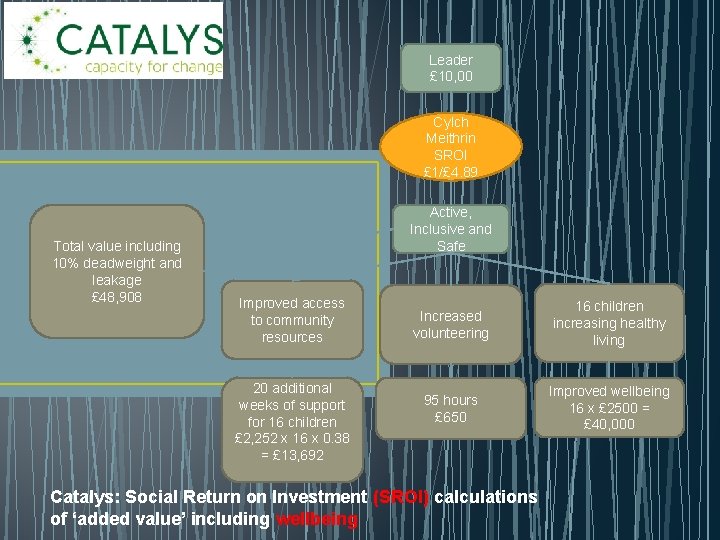 Leader £ 10, 00 Cylch Meithrin SROI £ 1/£ 4. 89 Total value including