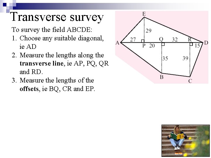 Transverse survey To survey the field ABCDE: 1. Choose any suitable diagonal, ie AD Transverse survey To survey the field ABCDE: 1. Choose any suitable diagonal, ie AD