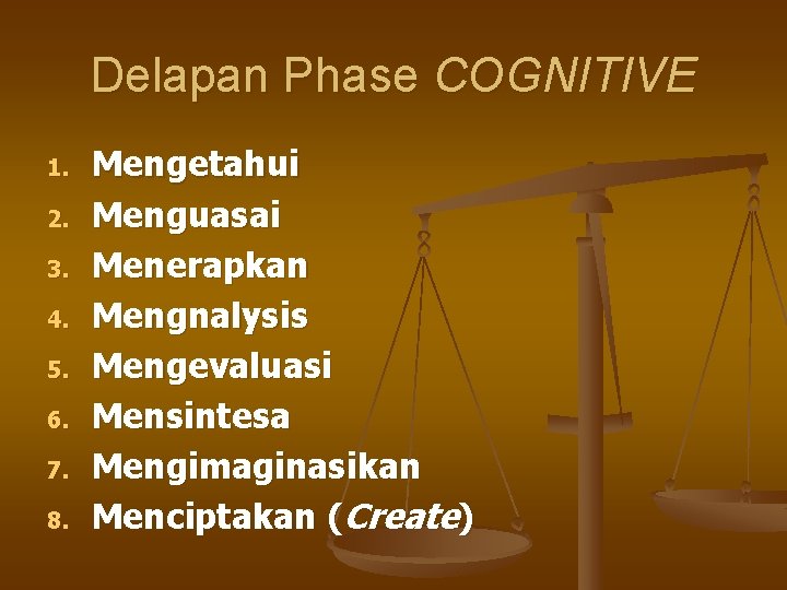 Delapan Phase COGNITIVE 1. 2. 3. 4. 5. 6. 7. 8. Mengetahui Menguasai Menerapkan