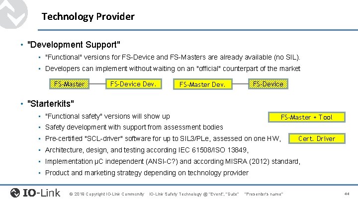 Technology Provider • "Development Support" • "Functional" versions for FS-Device and FS-Masters are already Technology Provider • "Development Support" • "Functional" versions for FS-Device and FS-Masters are already