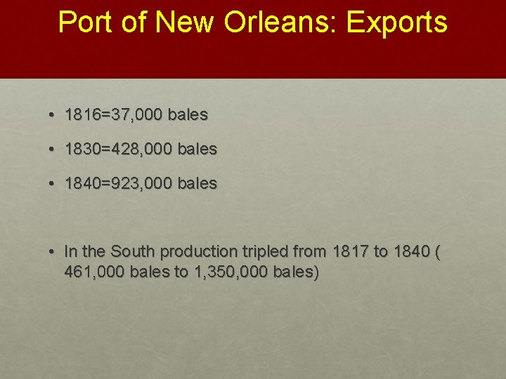 Port of New Orleans: Exports • 1816=37, 000 bales • 1830=428, 000 bales •