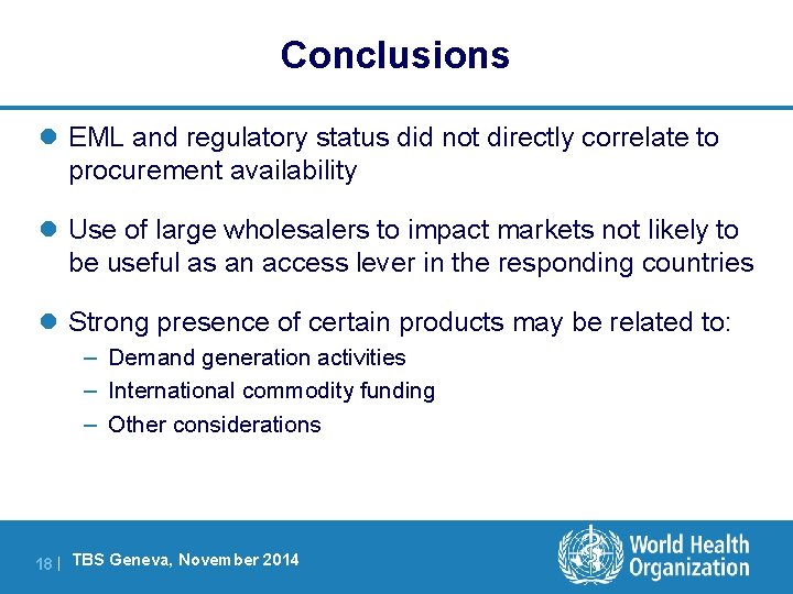 Conclusions l EML and regulatory status did not directly correlate to procurement availability l