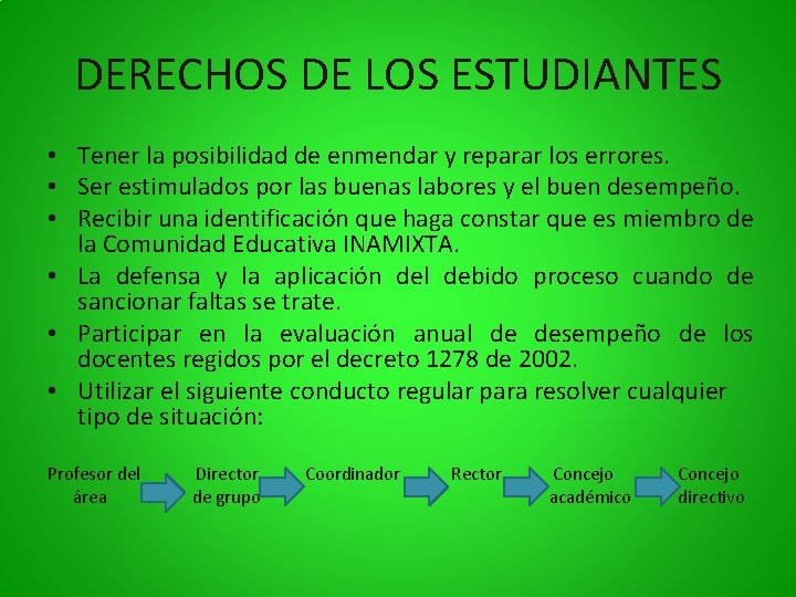 DERECHOS DE LOS ESTUDIANTES • Tener la posibilidad de enmendar y reparar los errores.