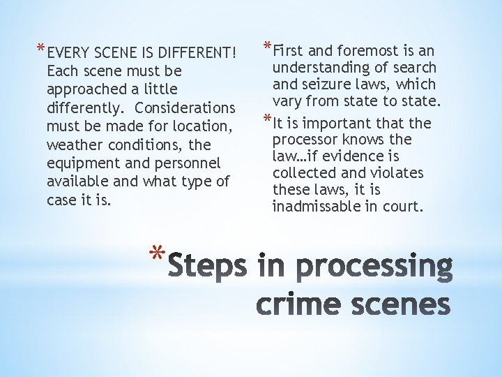 *EVERY SCENE IS DIFFERENT! Each scene must be approached a little differently. Considerations must