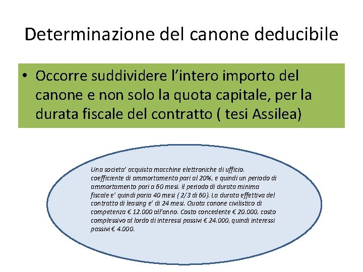 Determinazione del canone deducibile • Occorre suddividere l’intero importo del canone e non solo