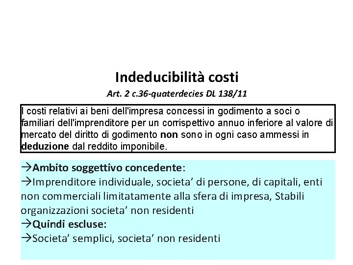 argomento Indeducibilità costi Art. 2 c. 36 -quaterdecies DL 138/11 I costi relativi ai