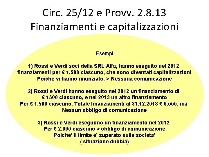 Circ. 25/12 e Provv. 2. 8. 13 Finanziamenti e capitalizzazioni Esempi 1) Rossi e