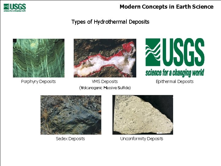 Modern Concepts in Earth Science Types of Hydrothermal Deposits Porphyry Deposits VMS Deposits Epithermal
