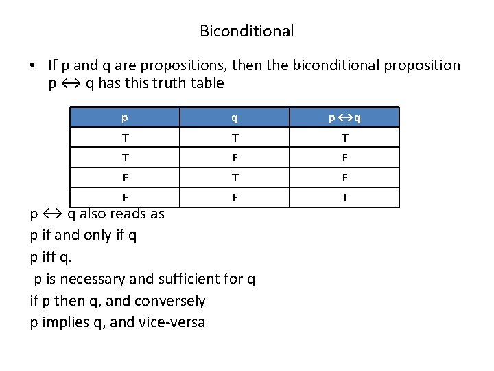 Biconditional • If p and q are propositions, then the biconditional proposition p ↔