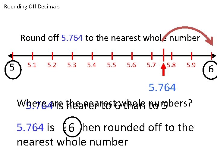Rounding Off Decimals Round off 5. 764 to the nearest whole number 5 5.