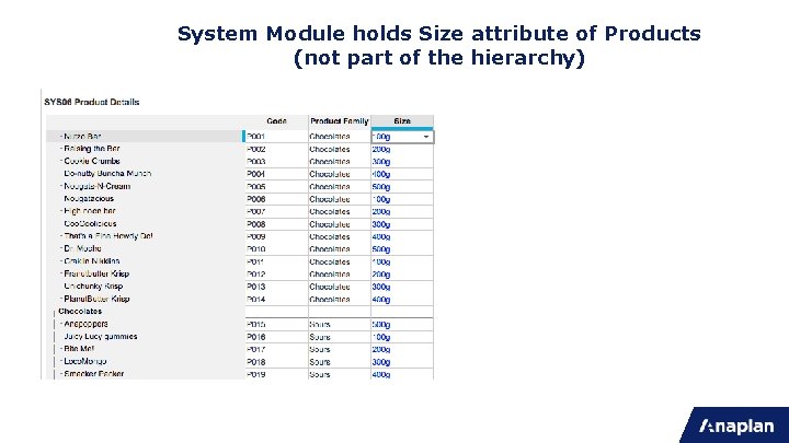 System Module holds Size attribute of Products (not part of the hierarchy) 