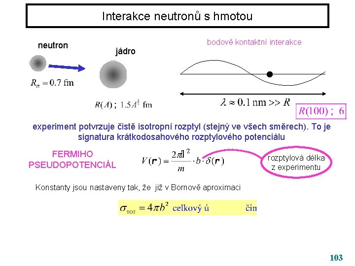 Interakce neutronů s hmotou neutron jádro bodově kontaktní interakce experiment potvrzuje čistě isotropní rozptyl