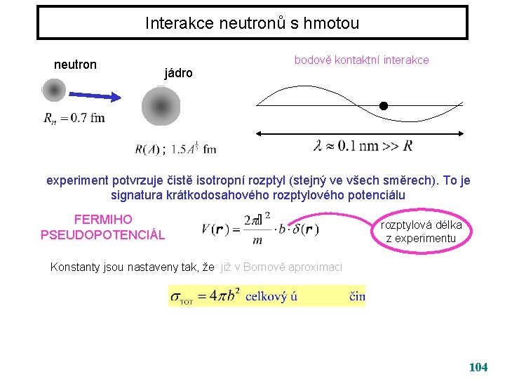Interakce neutronů s hmotou neutron jádro bodově kontaktní interakce experiment potvrzuje čistě isotropní rozptyl