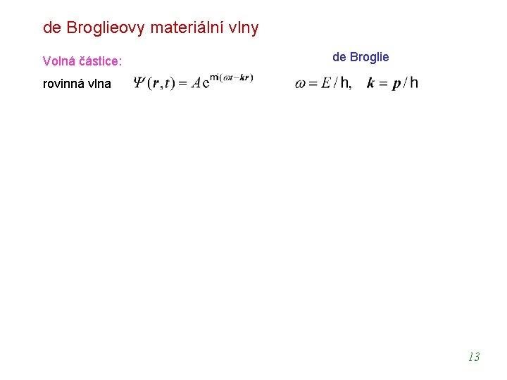 de Broglieovy materiální vlny Volná částice: de Broglie rovinná vlna Přechod k nerelativistické limitě