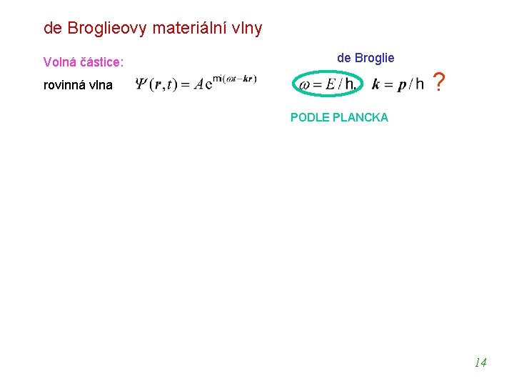 de Broglieovy materiální vlny de Broglie Volná částice: ? rovinná vlna PODLE PLANCKA Přechod