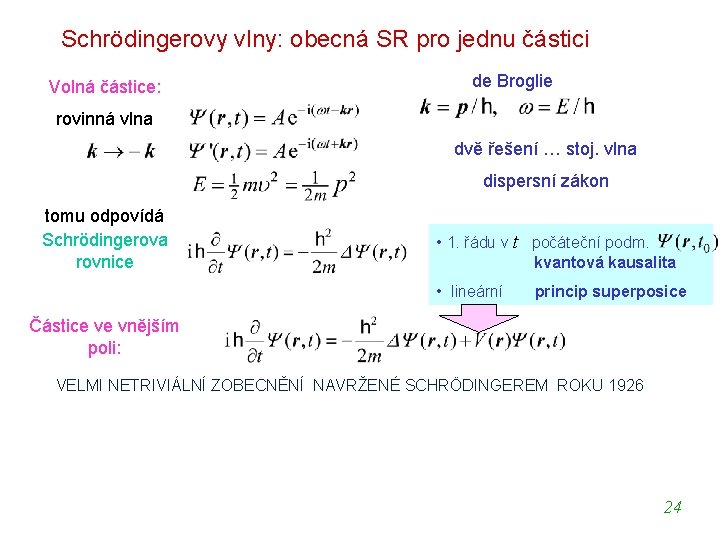Schrödingerovy vlny: obecná SR pro jednu částici Volná částice: de Broglie rovinná vlna dvě