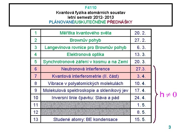 F 4110 Kvantová fyzika atomárních soustav letní semestr 2012 - 2013 PLÁNOVANÉ/USKUTEČNĚNÉ PŘEDNÁŠKY m